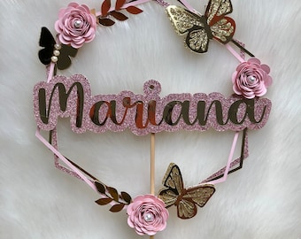 Rose gold cake topper, chic cake topper, butterfly cake topper, personalized cake topper, boho cake topper, pink and gold cake topper