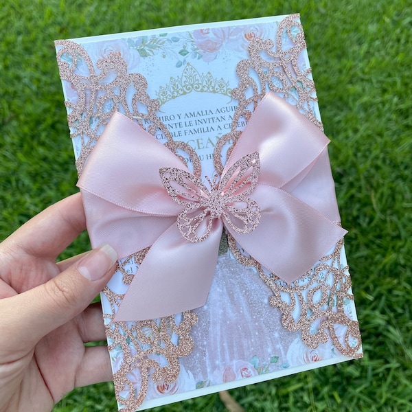 Rose gold quinceañera invitations, quinceañera invitations, blush invitations, invitations, pink quinceañera invitations, butterfly