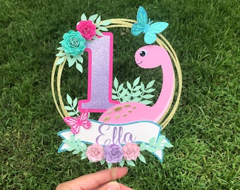 Dinosaur cake topper girl, dinosaur cake topper, girl cake topper, floral cake topper, dinosaur birthday party, pastel cake topper