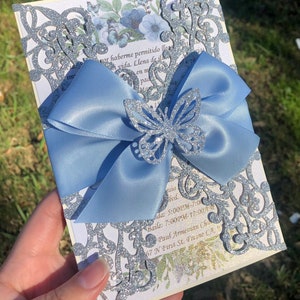 Quinceañera invitations, quinceañera, invitaciones, butterfly invitations, butterfly quinceañera, blue invitations, ribbon invitations