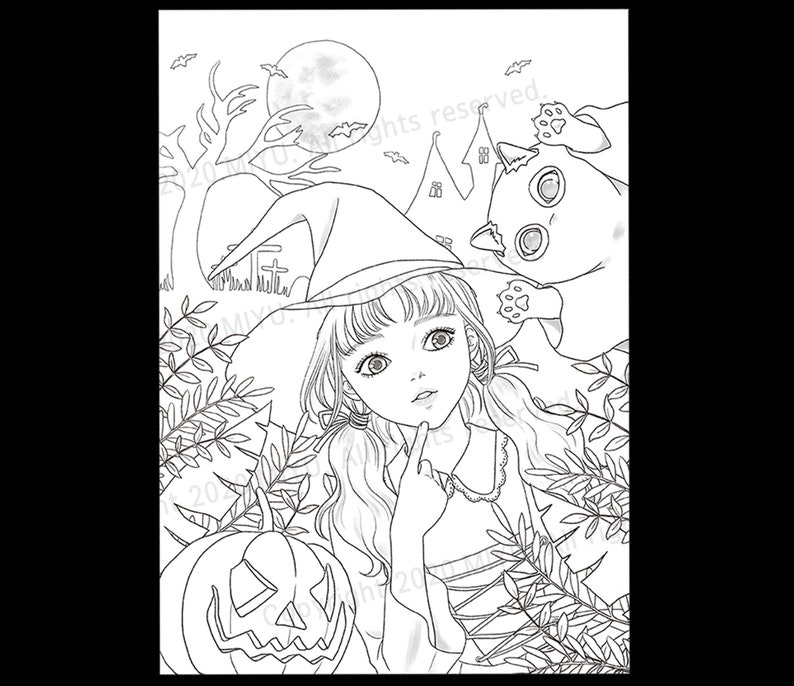 Halloween Drawing For Color Coloring Page For Adults And Teens Lovely Trick Or Treat Cute Horror A Girl And A Cat Art Collectibles Digital Timeglobaltech Com