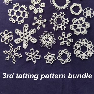 May include: A collection of 20 white tatting patterns, including snowflakes, stars, circles, and flowers. The patterns are arranged on a dark blue background. 3rd tatting pattern bundle.