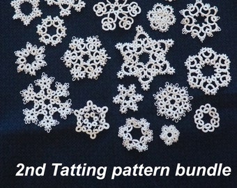 May include: A collection of 22 white tatting snowflake patterns. The patterns are arranged in a random order on a dark blue background. The text "2nd Tatting pattern bundle" is at the bottom of the image.