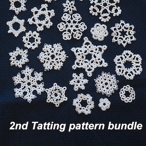 May include: A collection of 22 white tatting snowflake patterns. The patterns are arranged in a random order on a dark blue background. The text "2nd Tatting pattern bundle" is at the bottom of the image.