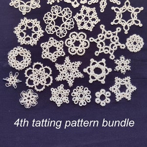 May include: A collection of 25 white crocheted snowflakes, arranged in a circular pattern on a dark blue background. The text "4th tatting pattern bundle" is printed below the snowflakes.