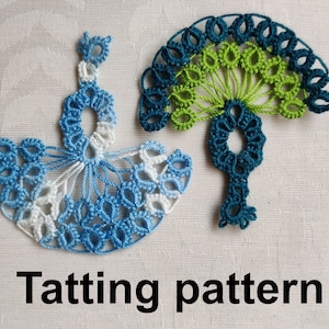 May include: Two tatting patterns, one in blue and white and one in green and teal. The text "Tatting pattern" is below the patterns.