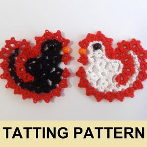 May include: Two crocheted rooster patterns, one black and one white, with red accents and orange beads for eyes.  The patterns are called "TATTING PATTERN".