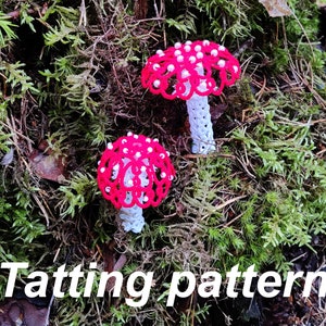 Puede incluir: Dos setas de ganchillo rojas y blancas con cuentas blancas sobre un lecho de musgo verde. El texto "Tatting pattern" es visible en la parte inferior de la imagen.
