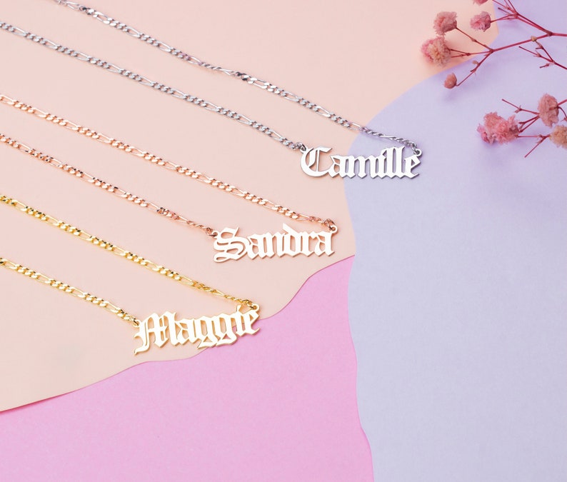 18th Bday Gift For Girl Figaro Chain Old English Necklace Women Birth Necklace Personalize Gold Name Necklace Custom Word Gothic Pendant