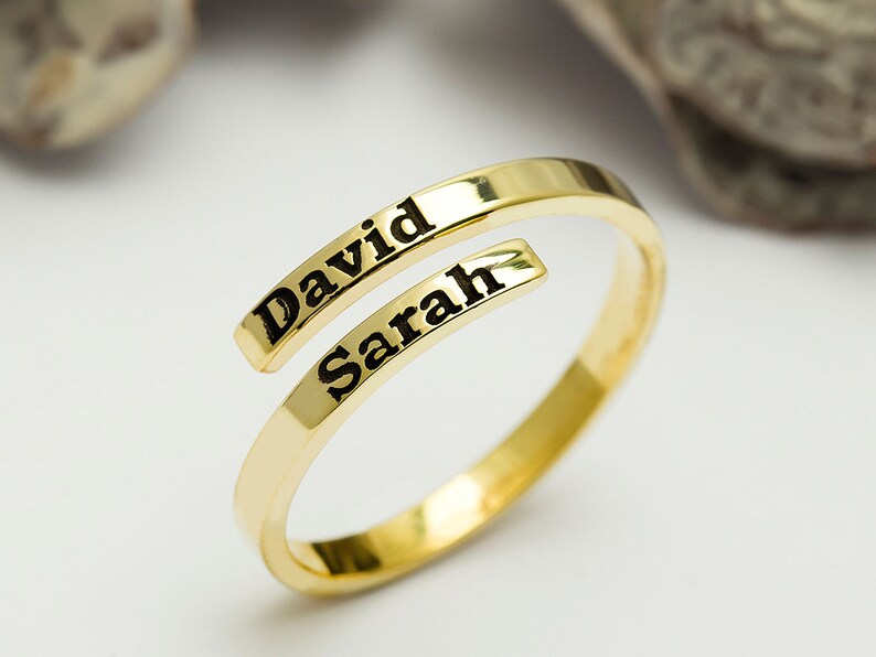Tiny Wedding Ring Stackable Double Name Ring Wedding Gifts Etsy