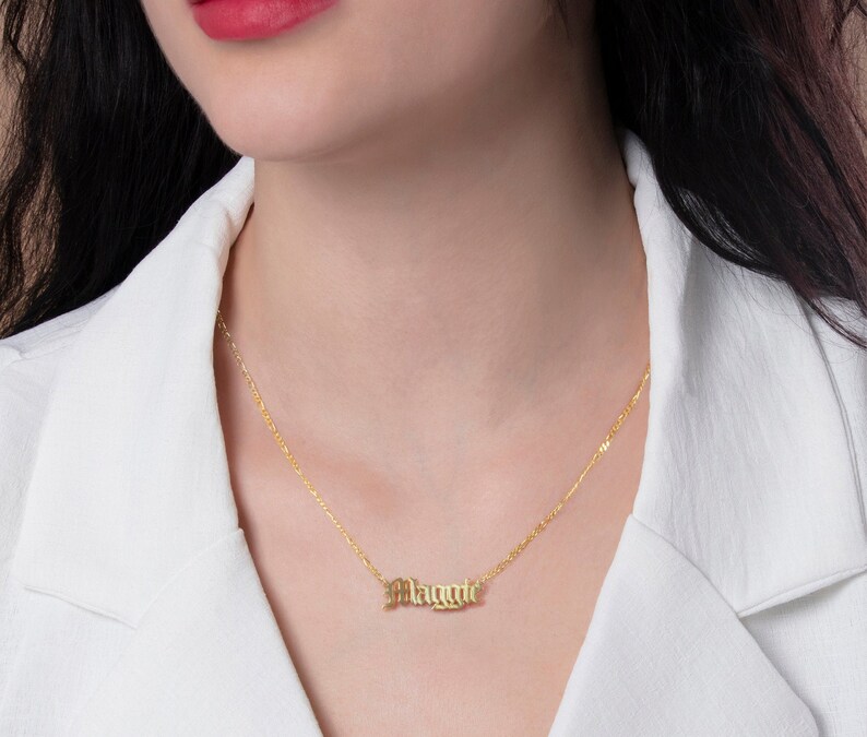 18th Bday Gift For Girl Figaro Chain Old English Necklace Women Birth Necklace Personalize Gold Name Necklace Custom Word Gothic Pendant