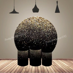 Birthday Party Round Arch Backdrop Cover Baby Shower Black Gold Photography Background Cylinder Covers Party Photo Backdrop Set Custom Name