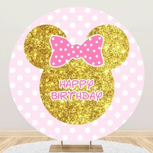 Gold Minnie Head Pink Round Photography Backdrop Cartoon Party Backdrop Cover For Baby Shower Newborn Circle Background Studio Props Decor