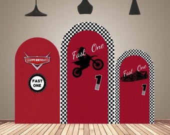 Fast One Arch Backdrop Cover for Baby Shower Double Sided Racing Motorcycle Birthday Party Photography Background