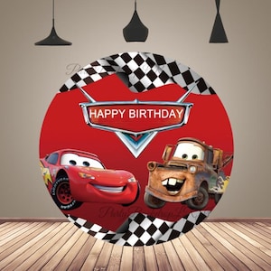 Fondo de cumpleaños con coches rojos redondos: fondo de fotografía circular con nombre personalizado