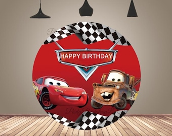 Runde rote Autos-Geburtstags-Hintergrund-Abdeckung: Kreis-Fotografie-Hintergrund, benutzerdefinierter Name