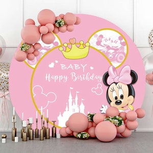Pink Baby Minnie Round Photography Backdrop Cartoon Birthday Party Backdrop Cover For Baby Shower Circle Background Studio Props Decoration