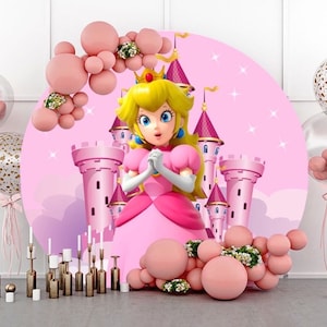 Pink Castle Princess Peach Round Arch Backdrop Cover for Girls Birthday Party Circle Photo Photography Background Baby Shower Cartoon Banner