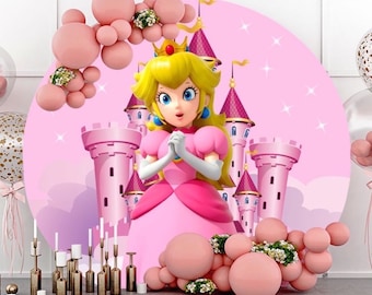 Pink Castle Princess Peach Round Arch Backdrop Cover for Girls Birthday Party Circle Photo Photography Background Baby Shower Cartoon Banner