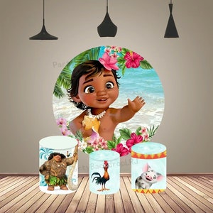 Sfondo di compleanno dei cartoni animati Baby Moana Sfondo ad arco rotondo Copertura per foto Sfondo per fotografia Copertura cilindrica Sfondo a cerchio principessa Decorazione
