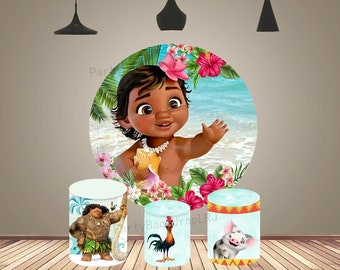 Cartoon Birthday Backdrop Baby Moana Round Arch Backdrop Cover Photo Photography Background Cylinder Cover Princess Circle Backdrop Decor