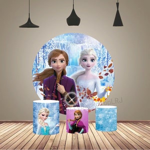 Cartoon Bogen Hintergrund Prinzessin Elsa Schwestern Geburtstag Runde Fotografie Hintergrund Abdeckung für Kinder Party Kreis Kuchen Tisch Zylinder Abdeckung