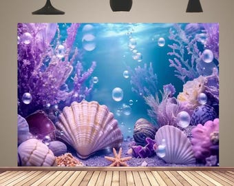 Sea Stars Shells Purple Birthday Party Backdrop Underwater Mermaid Ocean Theme Baby Shower Decor