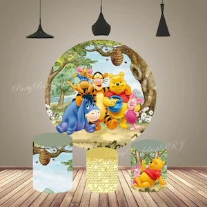 Poster con sfondo rotondo Winnie the Pooh, sfondo per fotografia di neonati, sfondo per compleanno di bambini, copertura per cilindro da tavolo per torta circolare