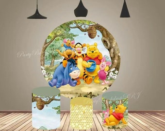 Winnie the Pooh Round Backdrop Poster Newborn Photography Background Cover Kids Birthday Backdrop Circle Cake Table Cylinder Cover