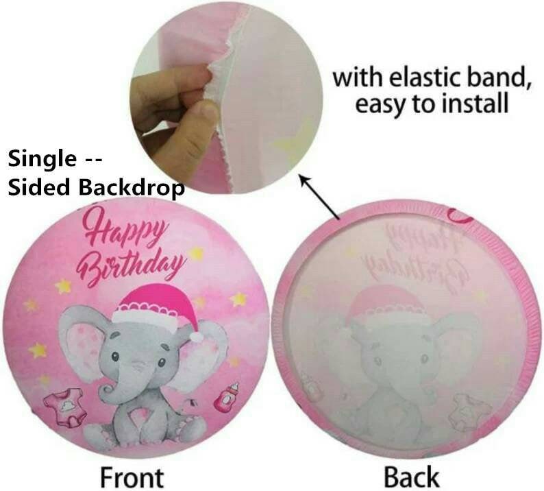 K&ouml;nnte beinhalten: Rosa, einseitiger Hintergrund mit einem Cartoon-Elefanten mit Weihnachtsm&uuml;tze, den Worten "Happy Birthday" und Baby-Illustrationen. Mit einem Gummiband f&uuml;r eine einfache Installation.