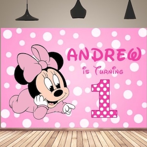 Baby 1st Birthday Party Photography Backdrop Pink Cute Minnie Mouse Backdrop Baby Shower Photo Background Wall Decor Cartoon Banner for Girl