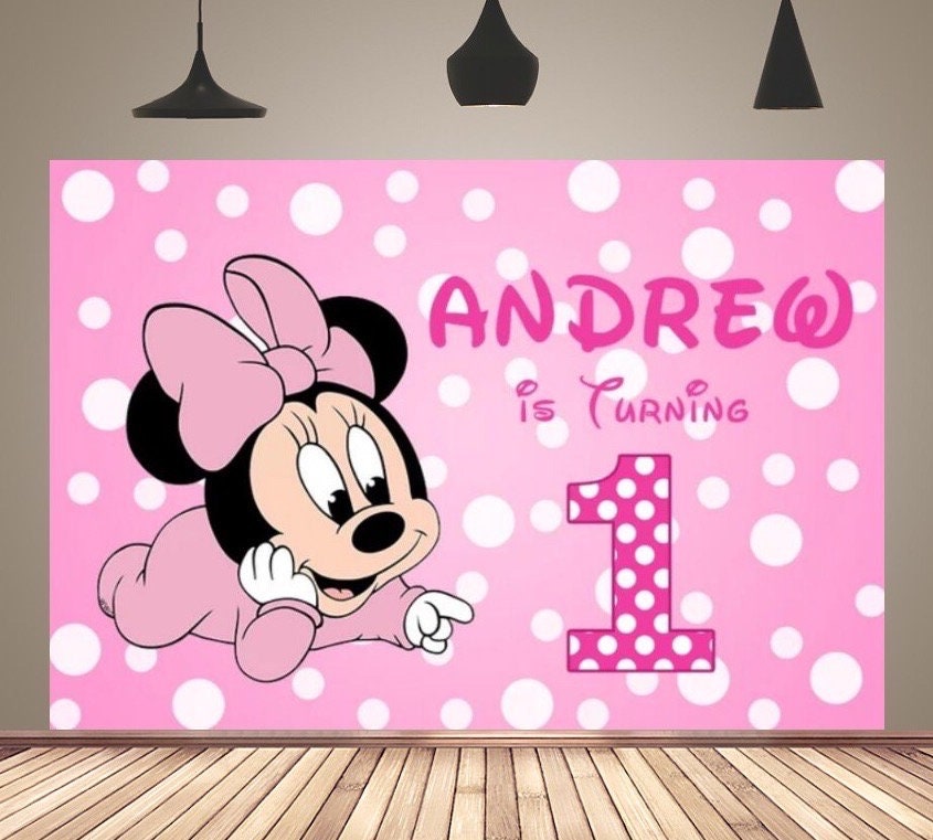 Baby 1st Birthday Party Photography Backdrop Pink Cute Minnie Mouse Backdrop Baby Shower Photo Background Wall Decor Cartoon Banner for Girl