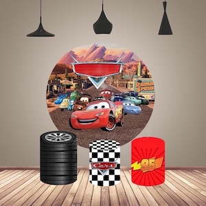 Ronde Verjaardag Fotografie Achtergrond Cover Disney Cars Thema Boog Achtergrond Cartoon Cirkel Boog Taart Tafel Cilinder Cover Party Decoratie: