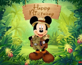 Fondo de cumpleaños de Mickey Mouse con temática de safari: decoración para fiesta temática de jungla