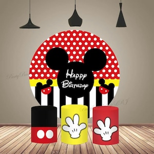 Cartoon Mickey Mouse Ronde Achtergrond Baby Shower Verjaardag Fotografie Achtergrond Cover voor Kids Party Cirkel Taart Tafel Cilinder Cover
