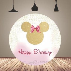 Fondo redondo de cumpleaños de Minnie Mouse: purpurina dorada, lazo rosa y círculo para fotos.