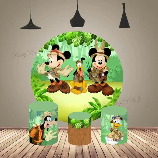 Kids Cartoon Round Backdrop Safari Mickey Mouse Photography Background Cover Jungle Baby Shower Backdrop Circle Cake Table Cylinder Cover