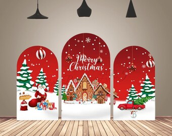 Red Merry Christmas Arch Backdrop Cover: Winter Snow Scene