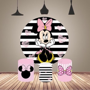 Black and White Stripe Minnie Mouse Arch Backdrop Girls Birthday Photography Background Cover Cartoon Circle Cake Table Cylinder Cover