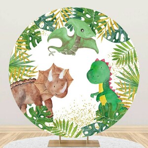 Dinosaurs Round Backdrop Cover Baby Birthday Party Backdrop Jungle Animals Photography Background Studio Green Leaf Circle Backdrop Newborn