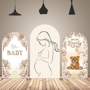 Tło łukowe na Baby Shower, kobieta w ciąży, łuk, Boho, trawa, niedźwiedź, noworodek, 1. urodziny, tło, Chiara, łukowa ściana, dwustronna