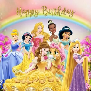 Cartoon Princess Happy Birthday Background Colorful Rainbow Flowers Photo Backdrop girl Party Background Photo studio Photography Props