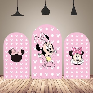 Fondo de fotografía de arco de fiesta de cumpleaños de Minnie Mouse, telón de fondo de dibujos animados para niños, Baby Shower para niñas, fondo de fotografía de arco de Chiara de doble cara