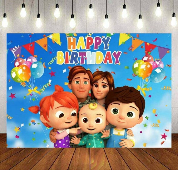 Children Cartoon Portrait Photo Backdrop Cartoon Cocomelon Family Theme Photography Background Newborn Birthday Party Baby Shower Backdrop Sky Bunting Balloons Video Shooting Background Wall