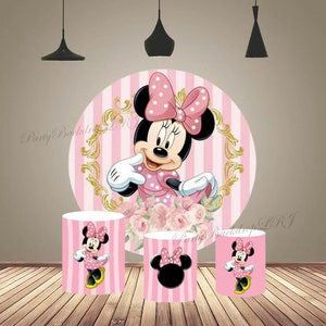 Minnie Mouse Pink Round Backdrop Baby Girls Birthday Photography Background Cover Cartoon Circle Cake Table Cylinder Cover Party Decoration