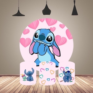 Circle Lilo and Stitch Backdrop Cover Round Cartoon Kids Photography Background With Elastic Cake Table Cylinder Plinth Covers Party Decor