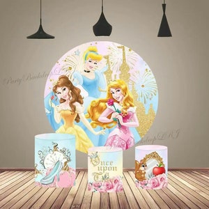 Baby Shower Disney Prinzessin Geburtstag Rundbogen Hintergrund Fotografie Hintergrund Abdeckung Cartoon Kreis Kuchen Tisch Zylinder Abdeckung Party Decor