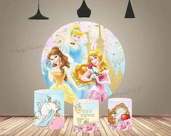 Fondo de fotografía con arco redondo para baby shower, princesa Disney, cumpleaños, cubierta de dibujos animados, círculo, pastel, mesa, cilindro, decoración para fiesta