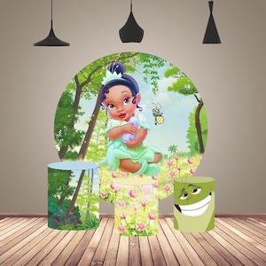 Princesse Tiana toile de fond ronde fille 1er anniversaire fête photographie fond couverture dessin animé cercle gâteau Table couverture de cylindre décor de fête