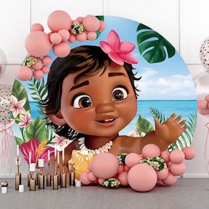 Sfondo per festa di compleanno ad arco tondo per ragazze Cerchio Baby Moana Sfondo fotografico Sfondo per foto di cartoni animati per doccia per neonati